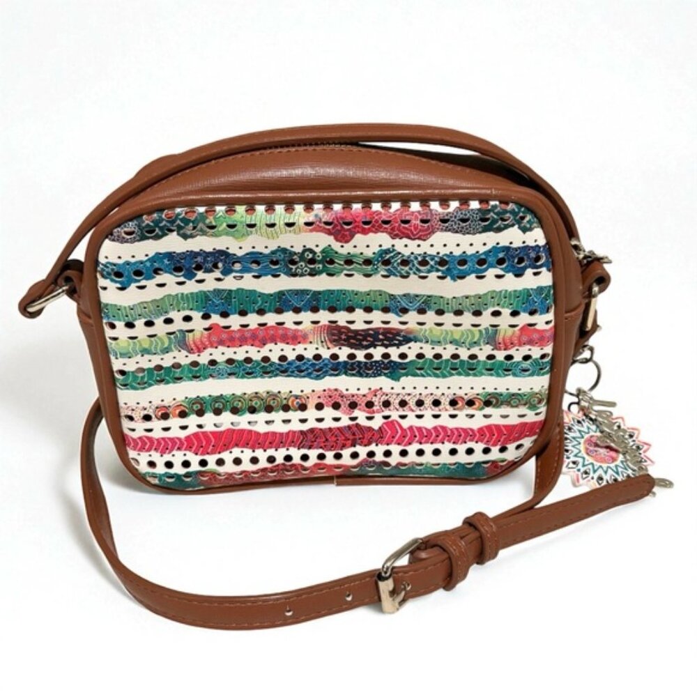 Desigual Charlotte Shoulder Bag Marine Print Perforated Brown Faux Leather Boho - Picture 3 of 15